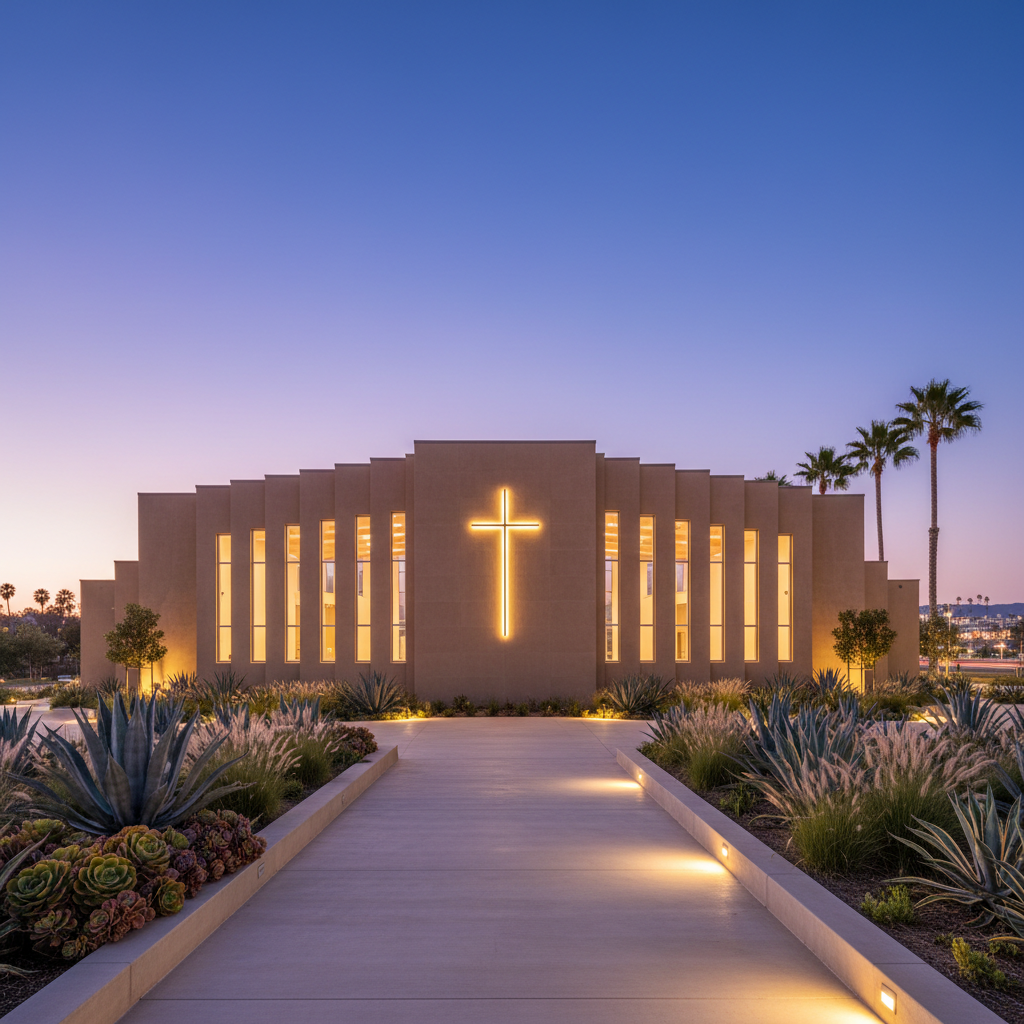 An evening exterior shot of a contemporary church building in San Diego, captured in photographic realism. The structure features clean lines, warm stucco walls, and tall, vertical windows glowing softly from interior light. A simple, illuminated cross is integrated into the façade rather than as a separate sign. Native landscaping with succulents, drought-tolerant grasses, and a few silhouette palms frames a wide, accessible pathway leading to the entrance, where subtle recessed lights guide the way. The sky transitions from deep blue to soft violet, with a few city lights visible in the distance. Shot from a low, slightly wide-angle perspective that emphasizes openness and approachability. The mood is inviting and hopeful, suggesting a safe, inclusive place for anyone in the city seeking spiritual renewal.