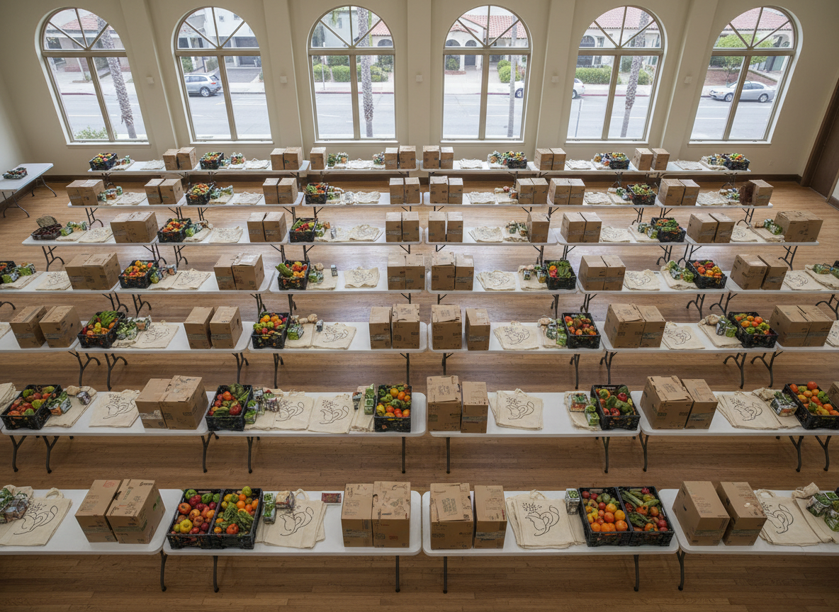 A bird’s-eye, photographic view of a community service preparation area in a church multipurpose room, with long folding tables carefully arranged in rows. On the tables sit neatly stacked cardboard food boxes, fresh produce in reusable crates, and folded canvas tote bags printed with subtle abstract symbols of hope rather than text. Large windows along one wall reveal a hint of San Diego’s urban streetscape with palm trees and low-rise buildings. Soft, diffused daylight fills the space, eliminating harsh shadows and emphasizing order and care. The composition is structured and balanced, highlighting the repetitive patterns of supplies. The atmosphere feels purposeful and compassionate, reflecting a church dedicated to renewing its city through practical service and organized generosity, without any people present.