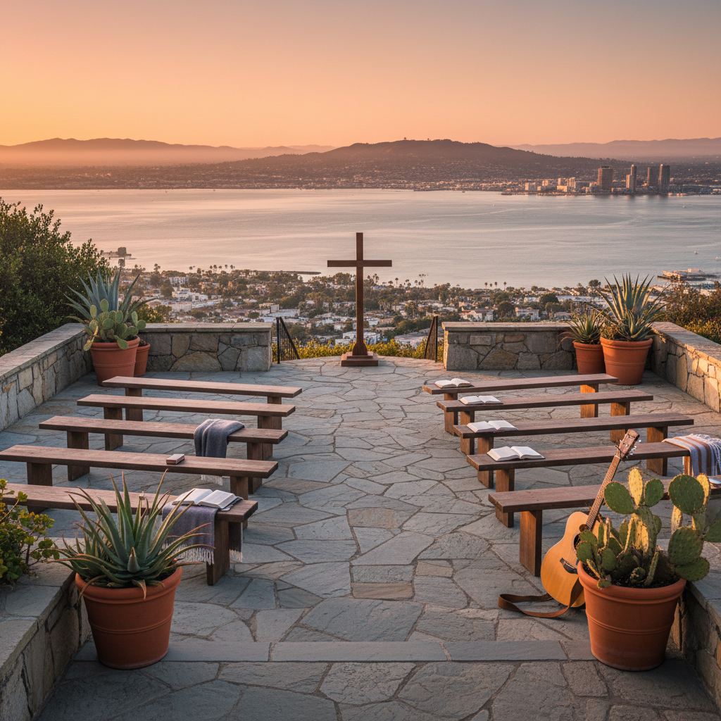 An outdoor worship setting on a terraced patio overlooking San Diego’s bay and rolling hills, rendered in photographic realism. Simple wooden benches and a modest portable wooden cross stand at the edge, facing the water. The sky glows with golden hour light, soft oranges and pinks reflecting on the calm surface. Potted native plants and succulents line the patio edges, adding organic color and texture. There are no people, only subtle signs of recent gathering such as open Bibles, folded blankets, and a guitar resting against a bench. Shot at eye level using rule-of-thirds composition, with the cross and horizon balanced. The atmosphere feels serene, inclusive, and hopeful, suggesting a church deeply connected to San Diego’s landscape and God’s presence.