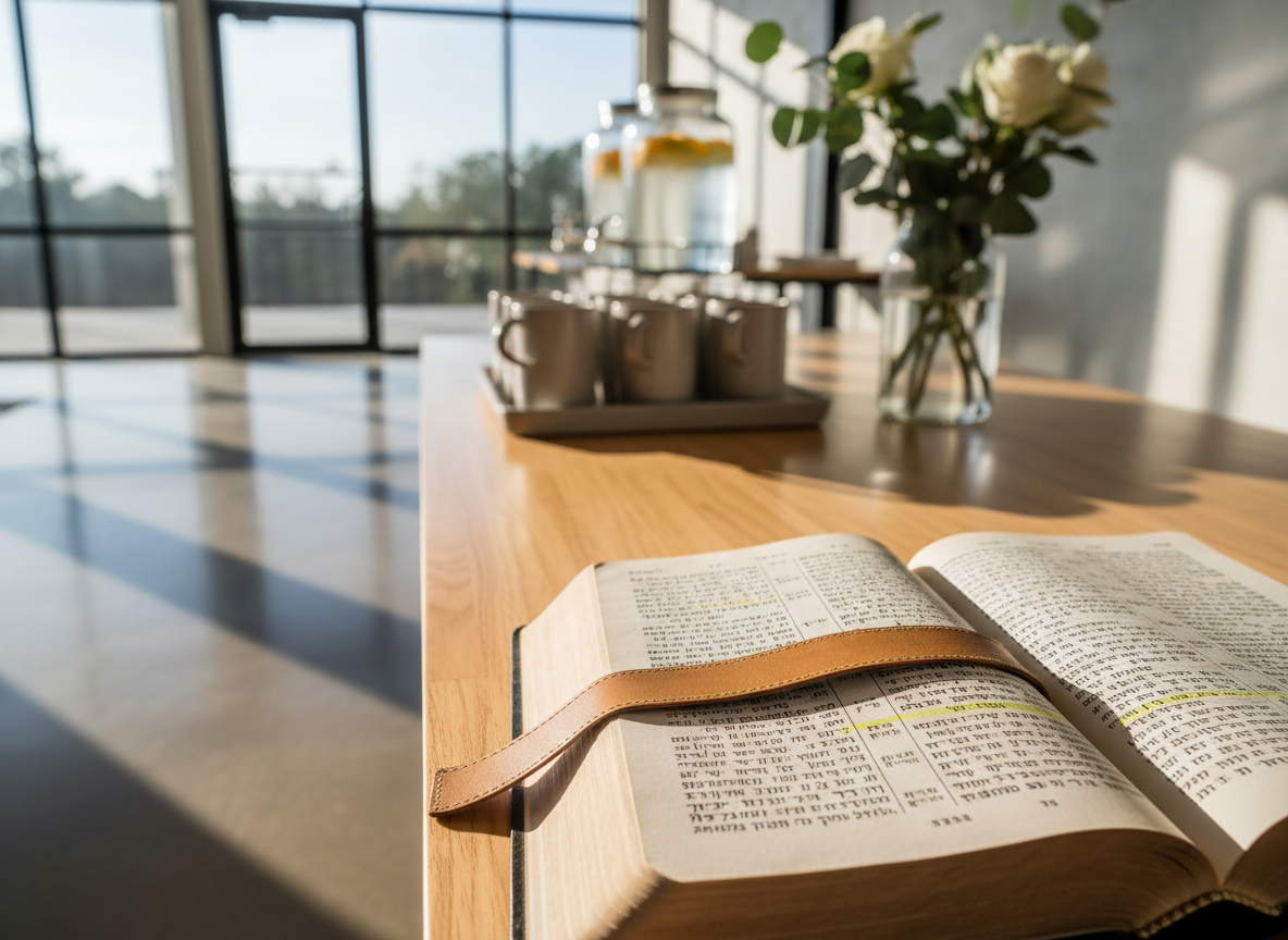 A close-up, photographic image of an open, well-worn Bible resting on a smooth, light-wood table in a bright, modern church lobby. The page edges are slightly frayed, and a simple leather bookmark lies across highlighted verses. Behind it, softly blurred, is a refreshment station with neatly arranged ceramic mugs, glass water dispensers, and a vase of fresh greenery in muted coastal tones. Morning sunlight filters through large windows, casting gentle reflections on the polished floor and creating a calm, inviting glow. Shot with a shallow depth of field, focusing sharply on the printed words and textures of the paper. The mood is warm, reflective, and professional, embodying spiritual authenticity and a welcoming environment for those seeking Jesus in everyday life.