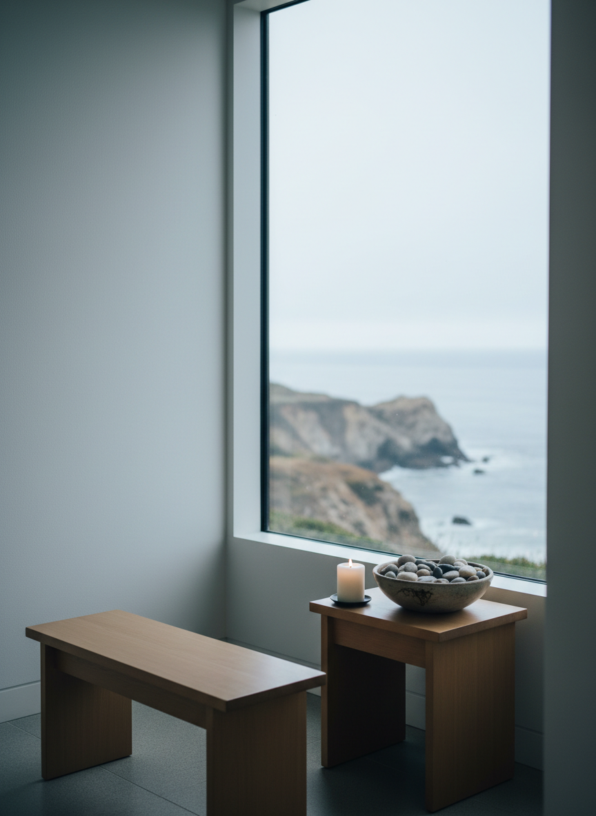 A contemplative prayer corner photographed inside a modern church, featuring a simple wooden kneeling bench, a small side table with an unlit pillar candle, and a ceramic bowl filled with smooth beach stones collected from a San Diego shoreline. Behind, a large window frames a softly focused view of coastal cliffs and the distant Pacific Ocean under an overcast sky. The interior lighting is minimal, relying on cool, diffused natural light that creates soft gradients on the walls and gentle reflections on the stones. Shot from a low, three-quarter angle using asymmetrical composition, drawing the eye from the kneeling bench toward the window. The mood is peaceful, introspective, and sacred, emphasizing personal connection with Christ in a quiet, authentically local setting.